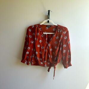 Madewell Burnt Orange Silk Wrap Tied Cropped Top with Daisy Print Small